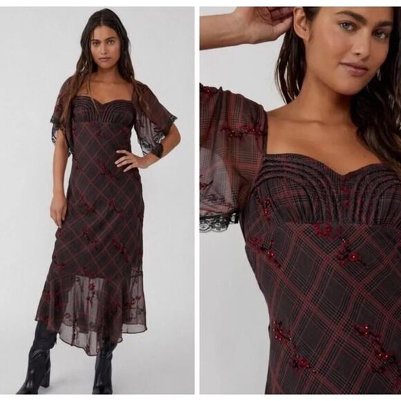 NWOT Free People Grunge WhimsyGoth Plaid Sheer Midi Dress Size 8 Fallen Flowers - Picture 8 of 15